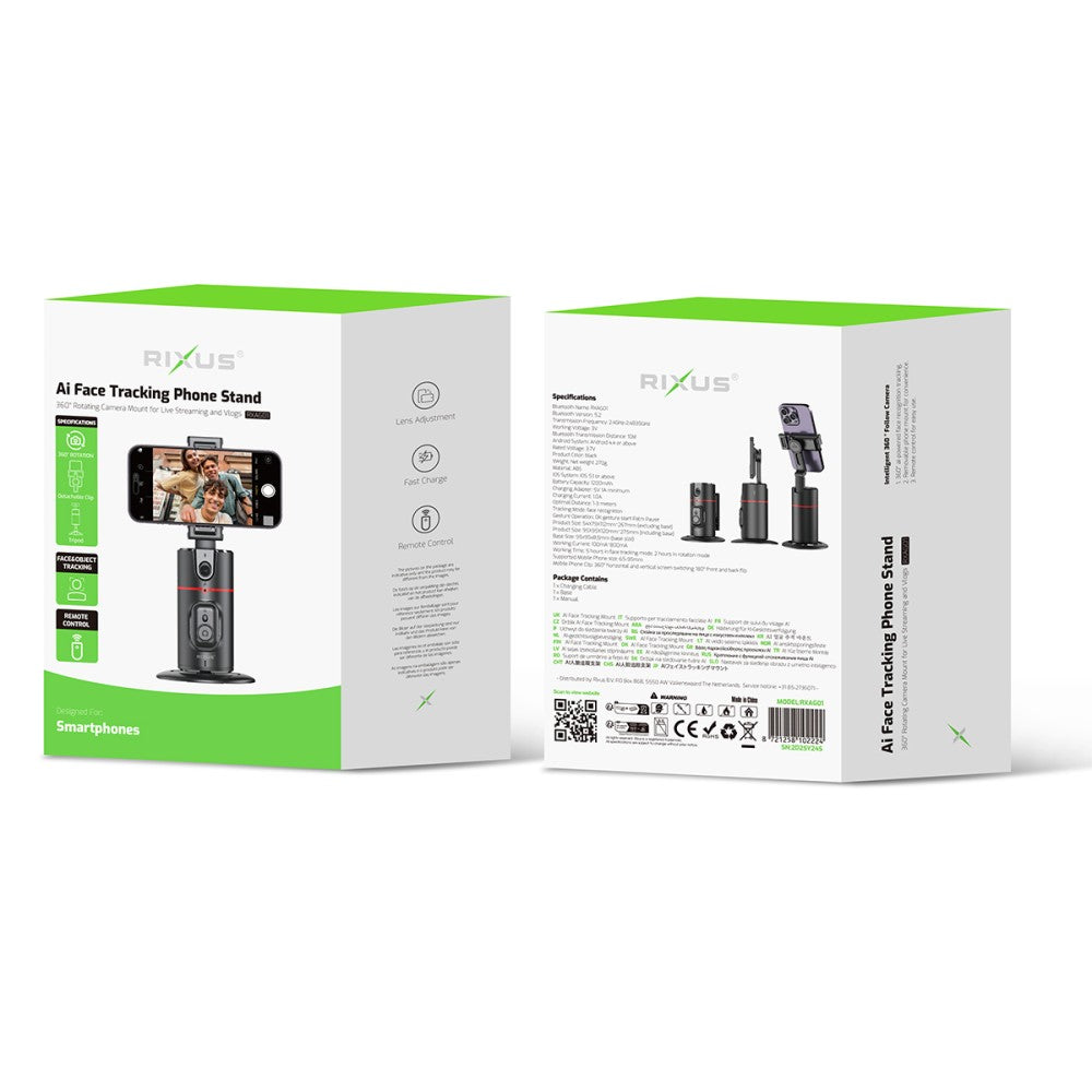 Rixus RXAG01 Auto Face Tracking stand  - Ideaal voor Vloggen, Video’s en TikTok – Zwart