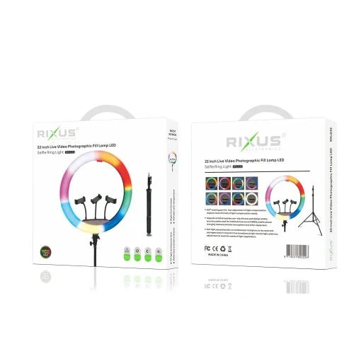 Rixus RXLG32 22” RGBW Ringlamp met Statief & Telefoonhouder – Professionele Dimbare Selfie Lamp voor Content Creators