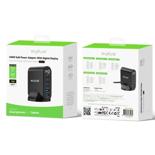 Rixus RX140 GaN Power Adapter – 140W Snellader – Digitaal Display – Zwart