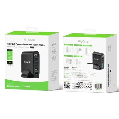 Rixus RX140 GaN Power Adapter – 140W Snellader – Digitaal Display – Zwart
