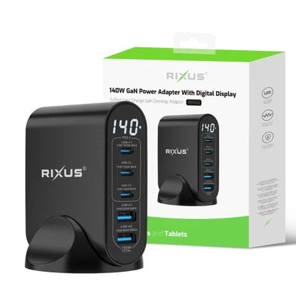 Rixus RX140 GaN Power Adapter – 140W Snellader – Digitaal Display – Zwart