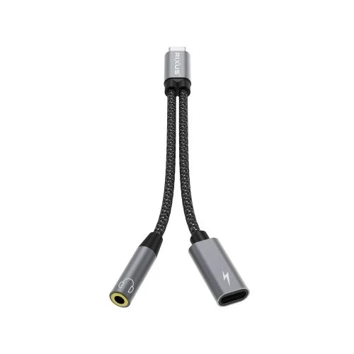 Rixus RXMU72 USB-C naar USB-C + 3.5mm AUX Adapter 15 cm – Splitter Kabel – Space Gray