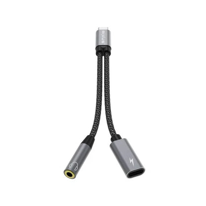 Rixus RXMU72 USB-C naar USB-C + 3.5mm AUX Adapter 15 cm – Splitter Kabel – Space Gray