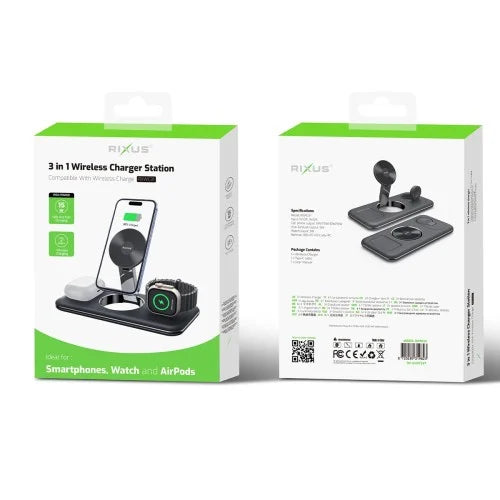 Rixus RXWC31 3-in-1 Wireless Charger – Stand for Smartphone, Smartwatch & AirPods – Black
