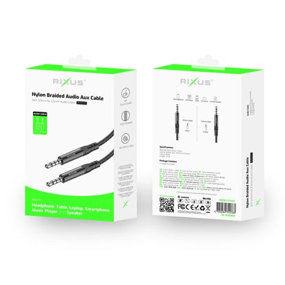 Rixus RXMU35 3.5mm Jack AUX Kabel 1,2 m – Gevlochten Stereo Audiokabel – Zwart