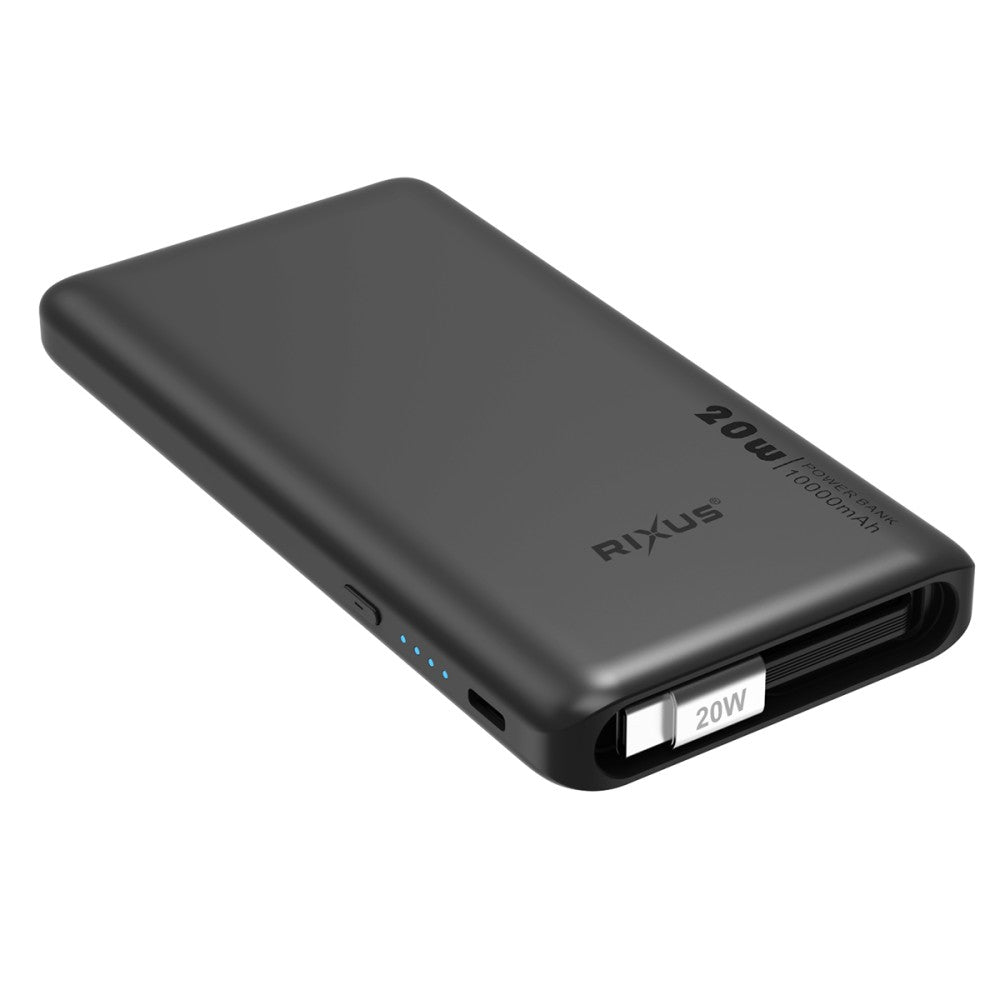 Rixus RXPB08 Powerbank 10.000 mAh – Met ingebouwde USB‑C‑kabel (70 cm), QuickCharge‑ondersteuning tot 22,5 W en extra USB‑C‑poort – Zwart