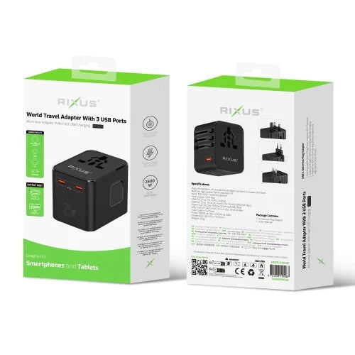 Rixus RX3425 World Travel Adapter – 25W Reisadapter – 3 USB Poorten – Zwart