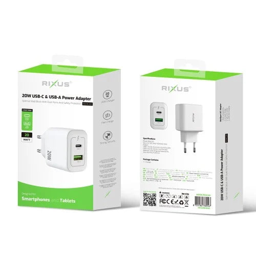 Rixus RXHC20 20W Snellader – USB-C & USB-A Power Adapter – Compacte Oplader – Wit