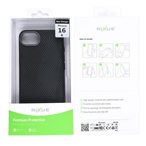 Rixus Mag Carbon – iPhone 16e/17e Hoesje – MagSafe Compatibel – Carbon Design – Titanium Black