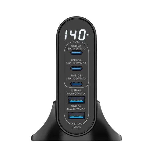 Rixus RX140 GaN Power Adapter – 140W Snellader – Digitaal Display – Zwart