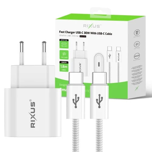 Rixus RXHC30C – USB-C naar USB-C Kabel – 1.8 Meter – 30W Snelladen – Wit