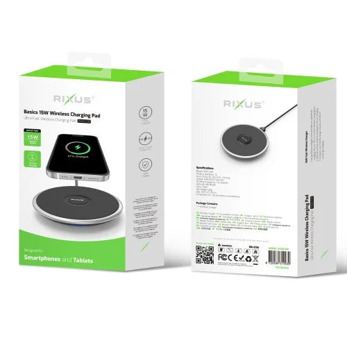 Rixus RXWC23R 15W Wireless Fast Charger – Qi Wireless Charging Pad – Black
