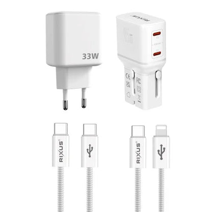 Rixus RXTP01 Recharge Travel Pack – Complete Reisset met 10000mAh Powerbank, 33W GaN Snellader en Kabels – Zwart