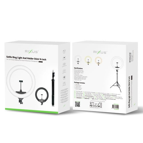 Rixus RXLG14 Ringlamp 14 Inch met Statief & Telefoonhouder – LED Selfie Ring Light – Dimbaar – Wit