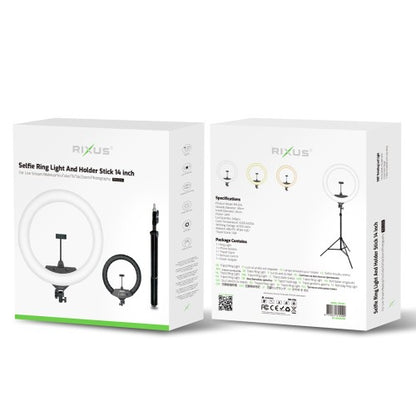 Rixus RXLG14 Ringlamp 14 Inch met Statief & Telefoonhouder – LED Selfie Ring Light – Dimbaar – Wit