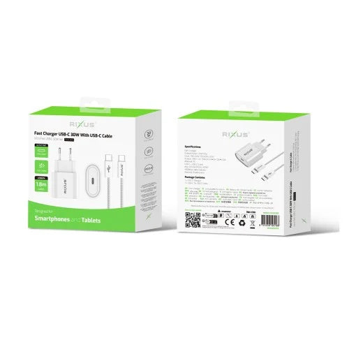 Rixus RXHC30C – USB-C naar USB-C Kabel – 1.8 Meter – 30W Snelladen – Wit