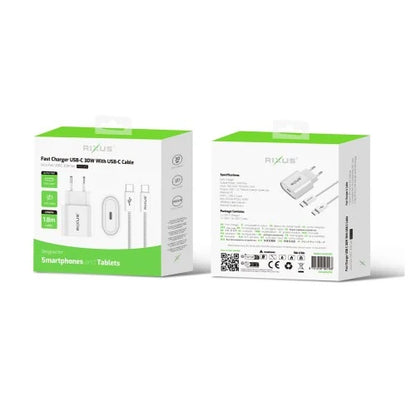 Rixus RXHC30C – USB-C naar USB-C Kabel – 1.8 Meter – 30W Snelladen – Wit