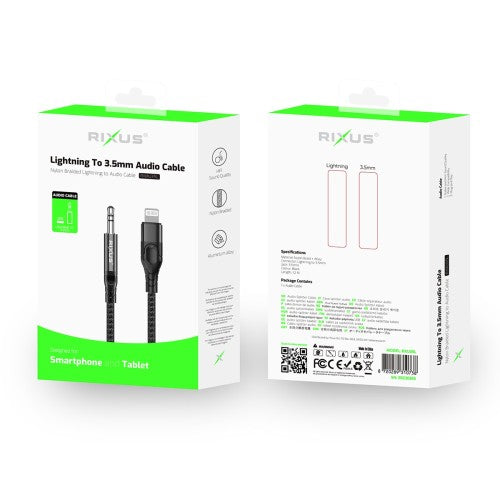 Rixus RXMU35L Lightning naar 3.5mm Jack Audiokabel 1,2 m – Gevlochten AUX Kabel – Zwart