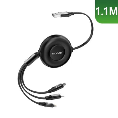 Rixus RXUC25 3-in-1 Snellaadkabel Intrekbaar – Multi Oplaadkabel USB-C/Lightning/Micro-USB – Zwart