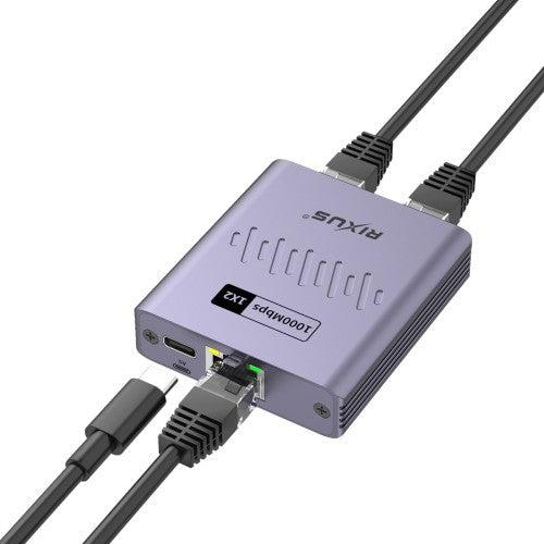 Rixus RXEA03 – Ethernet Switch Adapter – 3 Poorten – USB-C Voeding – Compact Design – Grijs