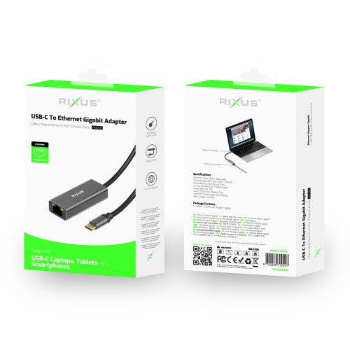 Rixus RXEA01 USB-C naar RJ45 Gigabit Adapter – 1 Gbps – Plug & Play – Grijs