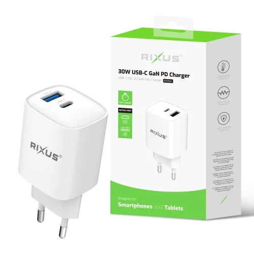 Rixus RX95A 30W USB-C GaN Snellader – PD Power Adapter – Compacte Oplader – Wit