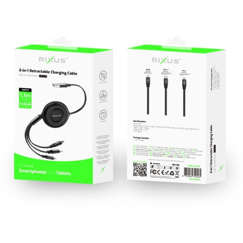 Rixus RXUC25 3-in-1 Snellaadkabel Intrekbaar – Multi Oplaadkabel USB-C/Lightning/Micro-USB – Zwart