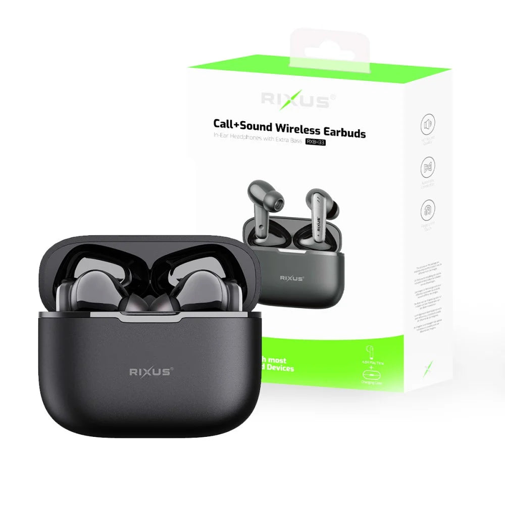 Rixus RXBH33 Wireless Bluetooth Earbuds – HiFi Sound with Charging Case – Black