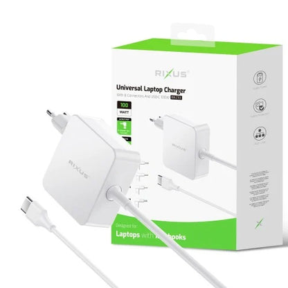 Rixus RXLC93 Universele Laptop Oplader 100W – Inclusief 8 Plug Tips – Wit