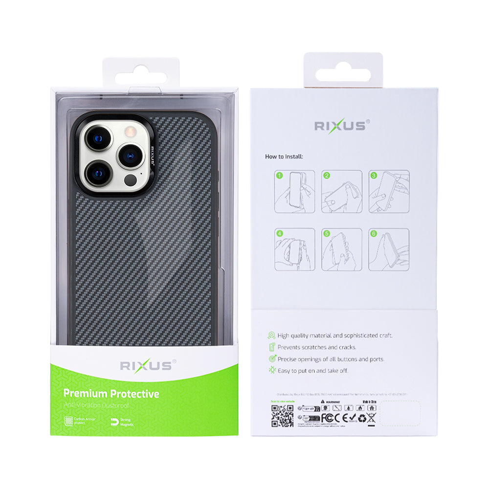 Rixus Mag Carbon Hoesje met MagSafe voor iPhone 15 Pro – Titanium Zwart – Beschermhoes